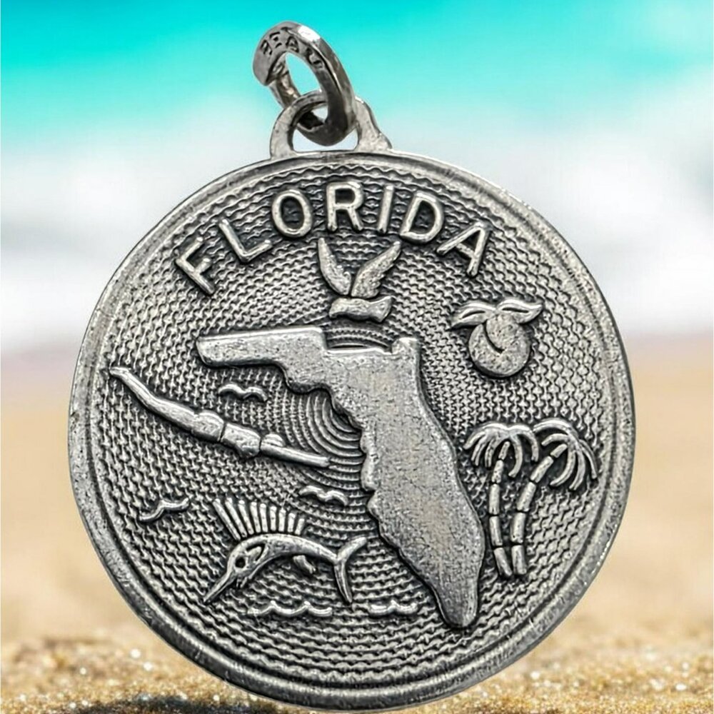 Vintage Florida Sterling Silver Charm Beau Pendant Palm Bird Fish Swim State Map